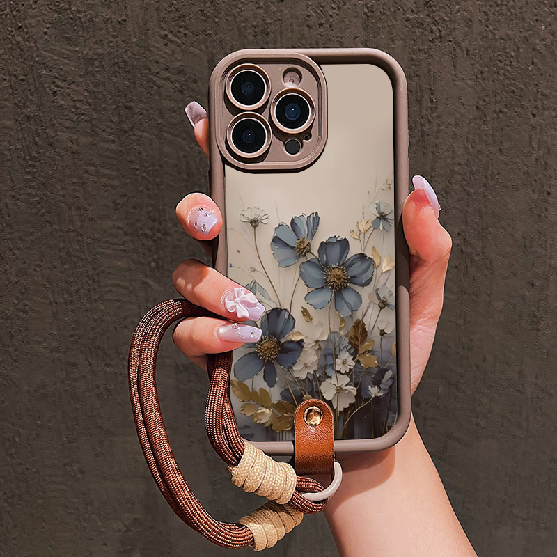 Phone Cases With Straps - Blauwe bloemen lanyard bandje telefoonhoesje voor