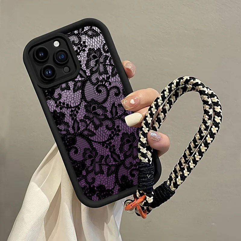 Phone Cases With Straps - Zwarte paarse kant hangende band telefoonhoesje