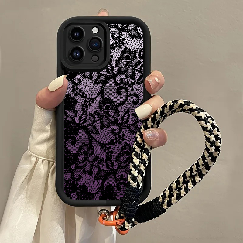 Phone Cases With Straps - Zwarte paarse kant hangriem telefoonhoesje voor