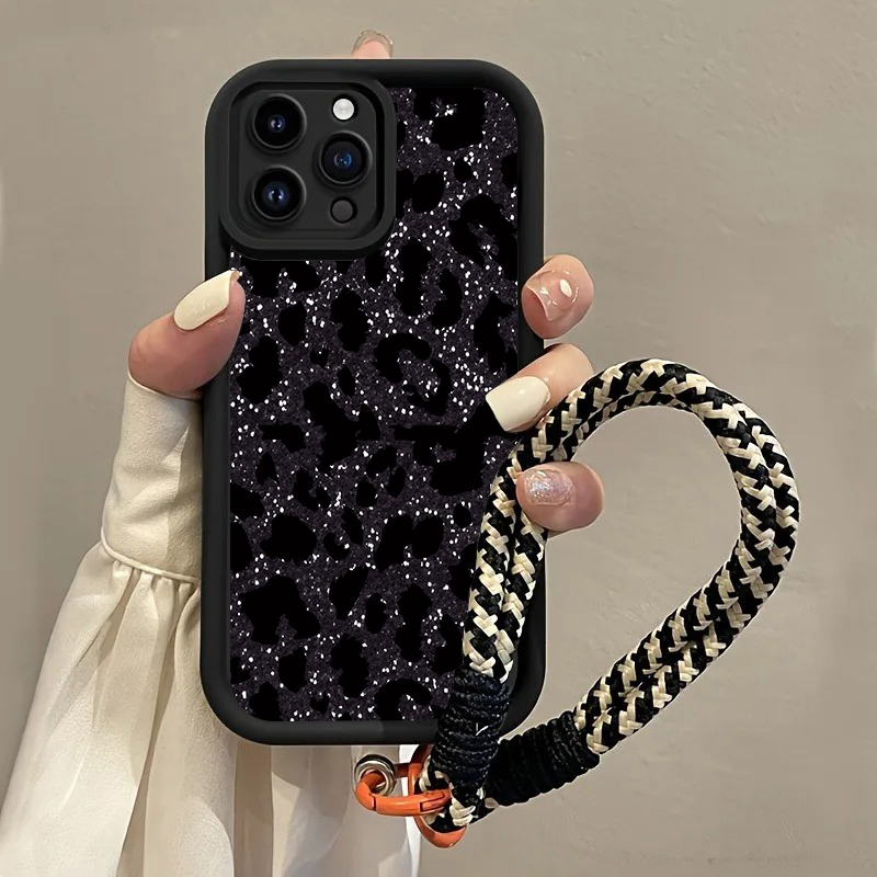 Phone Cases With Straps - Zwarte gevlekte luipaard hangriem telefoonhoesje voor