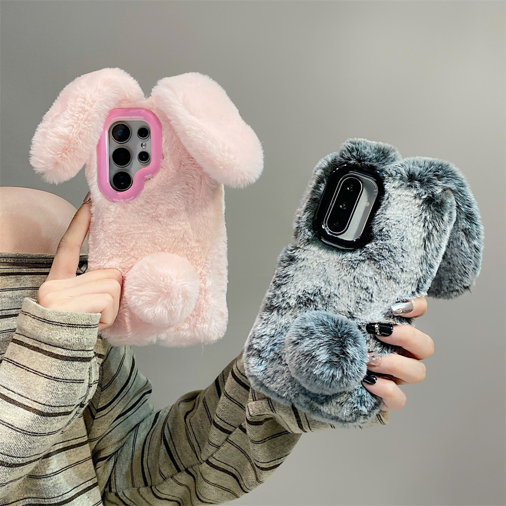 Phone Cases With Camera Cover - Schattige Konijnenoren Pluizige Stand Telefoon Case